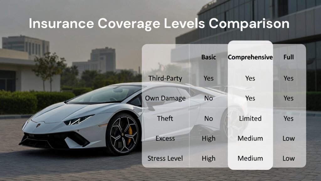 User guide image comparing Lamborghini rental insurance coverage levels including basic, comprehensive, and full plans with excess and stress levels in Dubai 2026