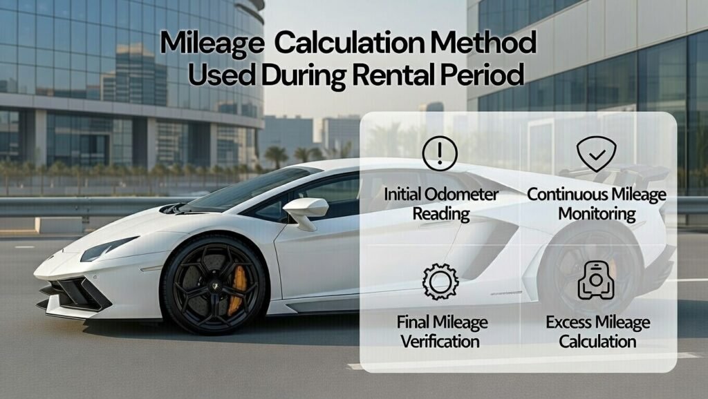 Lamborghini Rental Mileage Guide Dubai 2026 showing mileage calculation method including initial odometer documentation, continuous monitoring, final verification, and excess mileage calculation during the rental period