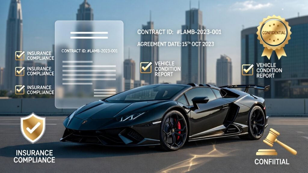 Lamborghini Rental Agreement Explained showing why luxury Lamborghini rental contracts in Dubai include detailed legal, insurance, and responsibility clauses