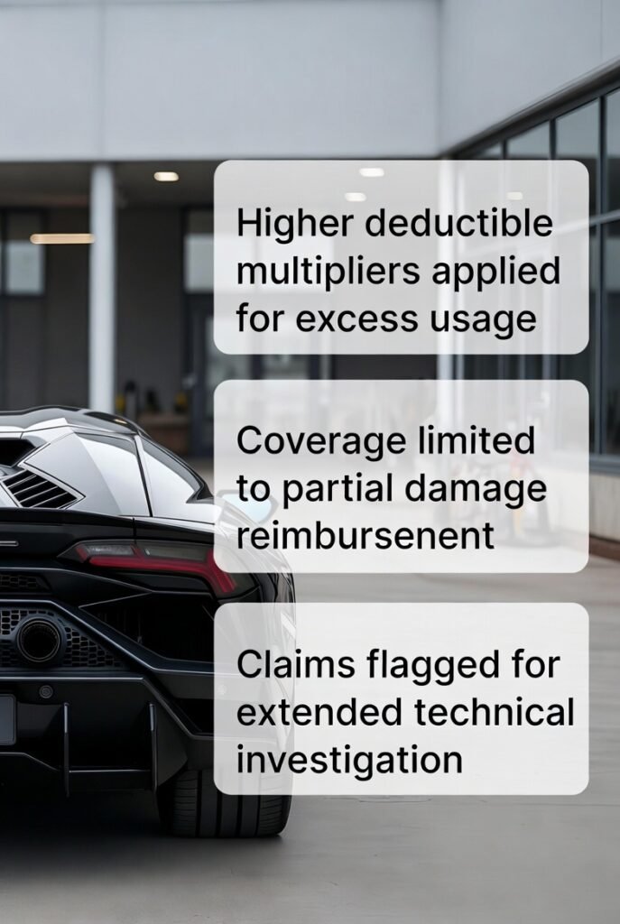 When rental mileage limits are exceeded, insurance handling for Lamborghini vehicles becomes more restrictive. Excess usage increases operational risk, prompting insurers to adjust deductibles and coverage terms accordingly.