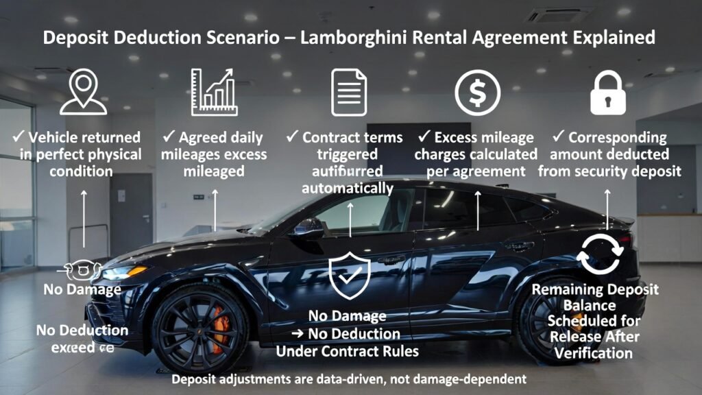 Full-view Lamborghini Urus in a Dubai luxury rental facility with case-study overlays showing excess mileage detection, deposit deduction calculation, and remaining balance release under rental agreement terms.