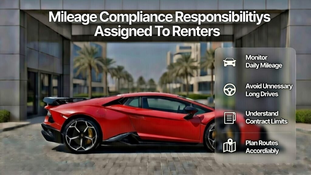 Lamborghini Rental Mileage Guide explaining renter mileage compliance responsibilities including monitoring daily usage, avoiding unnecessary long drives, understanding contract limits, and planning travel accordingly in Dubai 2026