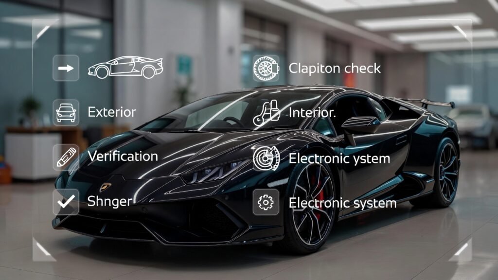 Lamborghini supercar undergoing a professional rental inspection in Dubai with digital checklist, condition verification, and monitoring systems highlighting compliance and renter liability protection.