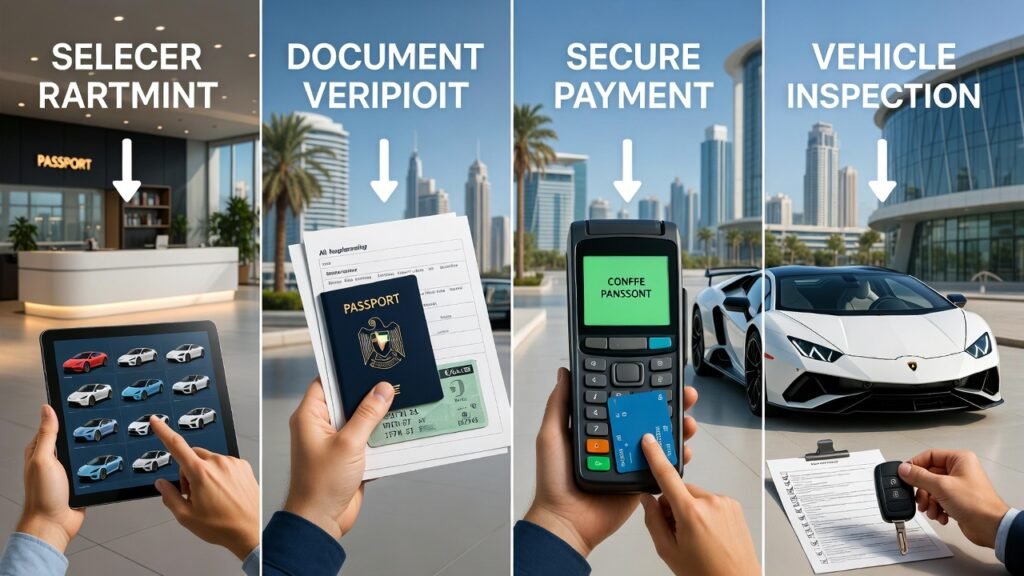 Step-by-step Lamborghini hire process in the UAE showing model selection, document verification, payment, vehicle inspection, and final handover.