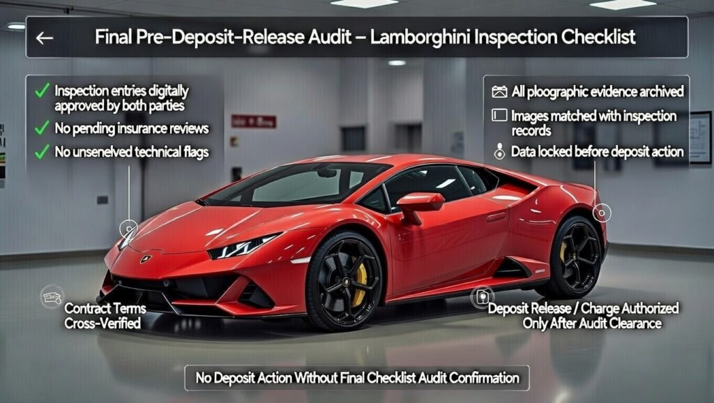 Full-view Lamborghini supercar inside a Dubai luxury rental inspection bay with visual audit markers showing signed inspection approval, cleared insurance checks, and archived photographic evidence before deposit release.