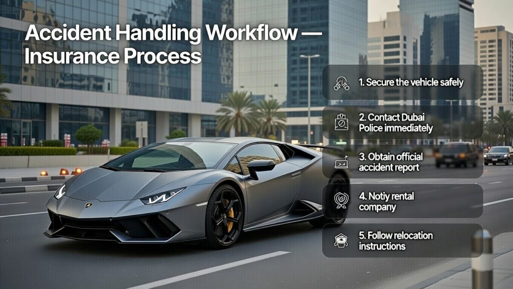 User guide image showing accident handling workflow for Lamborghini rental insurance including vehicle safety, police report, and rental company notification in Dubai 2026