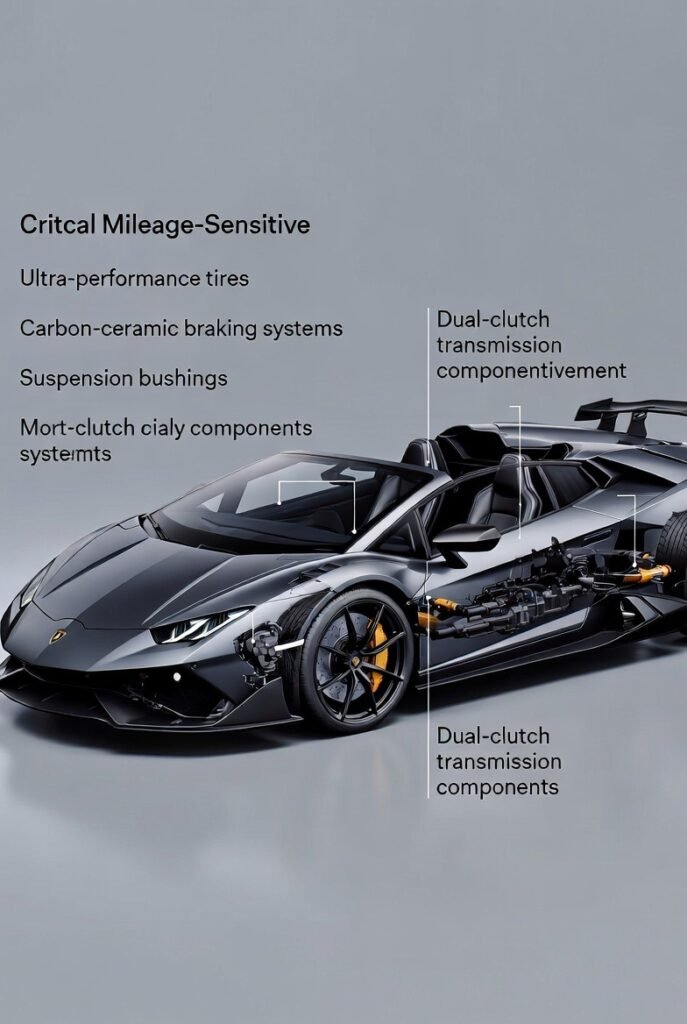 High-performance Lamborghinis contain specialized components whose wear rates are highly sensitive to mileage accumulation. Unlike standard vehicles, these systems operate within narrow performance tolerances and experience accelerated degradation as distance increases.