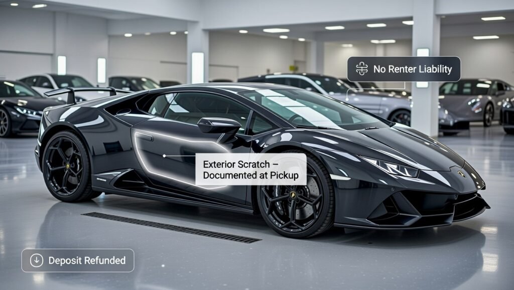 Lamborghini Huracán EVO exterior inspection record showing documented door panel scratch at pickup, resulting in zero renter liability and full deposit refund.