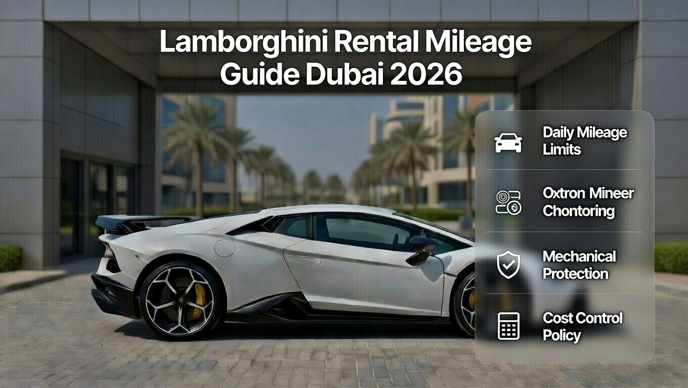 Lamborghini Rental Mileage Guide Dubai 2026 explaining mileage limits, odometer monitoring, extra mileage charges, mechanical protection, and cost control policies for Lamborghini rentals