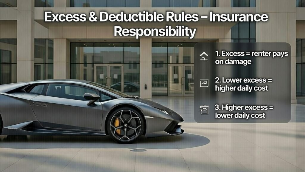 User guide image explaining Lamborghini rental insurance excess amount and deductible rules including cost and renter responsibility in Dubai 2026