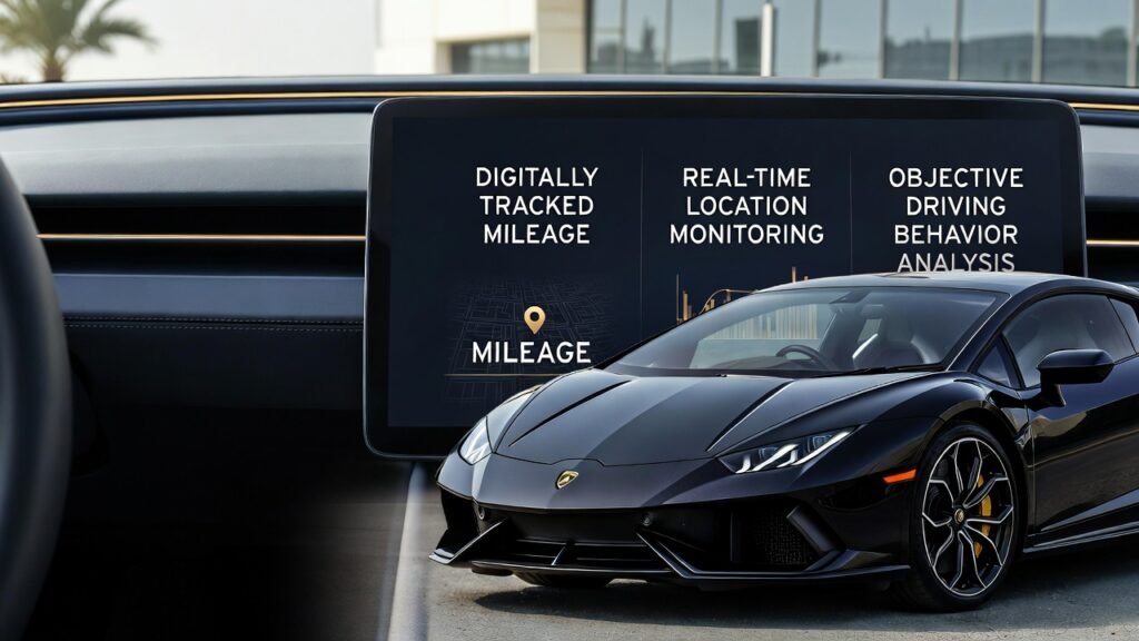 Digital Monitoring As Part Of Lamborghini Rental Terms Explained Lamborghini rental terms explained showing digital monitoring systems for mileage tracking, location compliance, and driving behavior analysis in Dubai