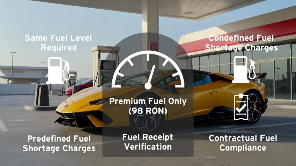 Lamborghini rental terms explained illustrating fuel compliance rules including premium fuel requirement, same-level return, and fuel verification in Dubai
