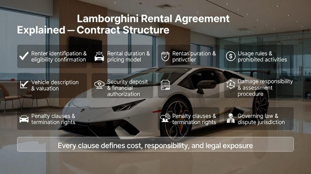 Full-view Lamborghini supercar in a Dubai luxury rental office with contract-structure overlays showing renter identification, pricing model, security deposit, usage rules, damage responsibility, penalties, and legal jurisdiction.