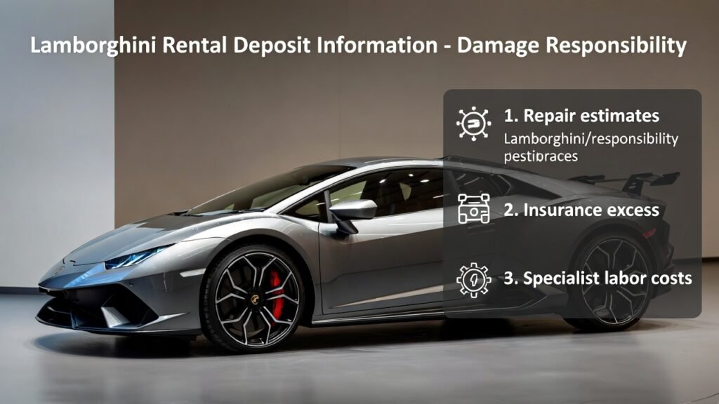 User guide image showing lamborghini rental deposit information for damage responsibility including repair estimates, insurance excess, and specialist labor costs in Dubai 2026