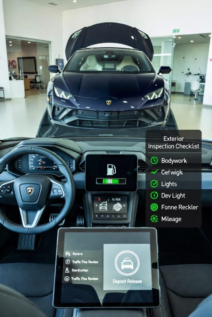 Lamborghini return procedure in the UAE showing inspection, mileage check, traffic fine review, and deposit release process.