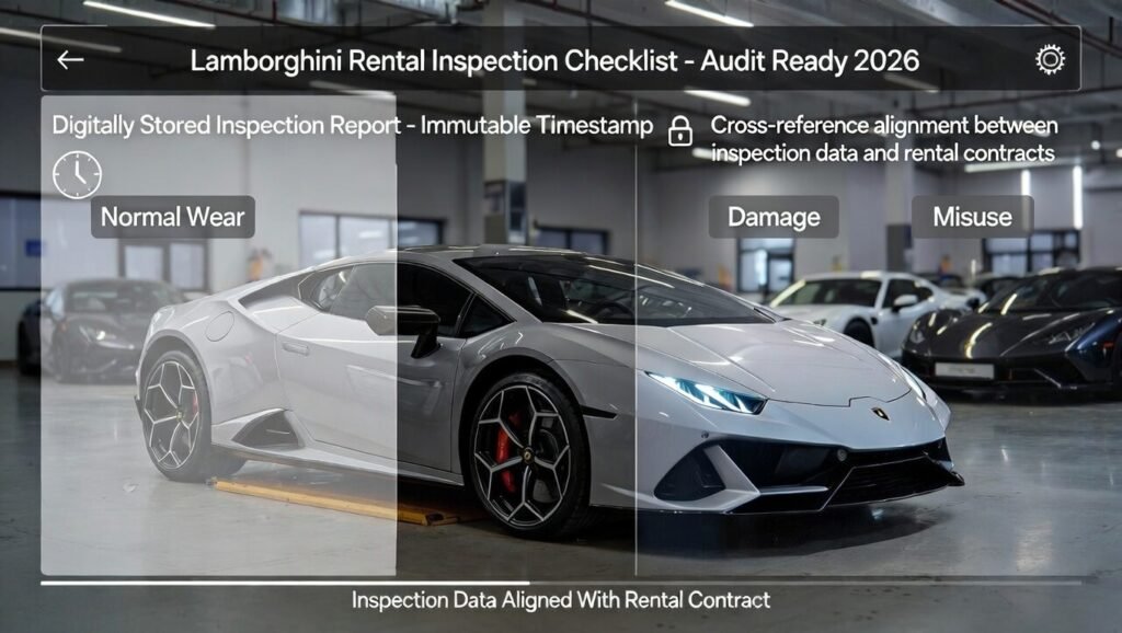 Full-body Lamborghini supercar in a Dubai luxury rental inspection facility with digital audit overlays showing timestamped inspection records, wear vs damage classification, and contract-aligned documentation.