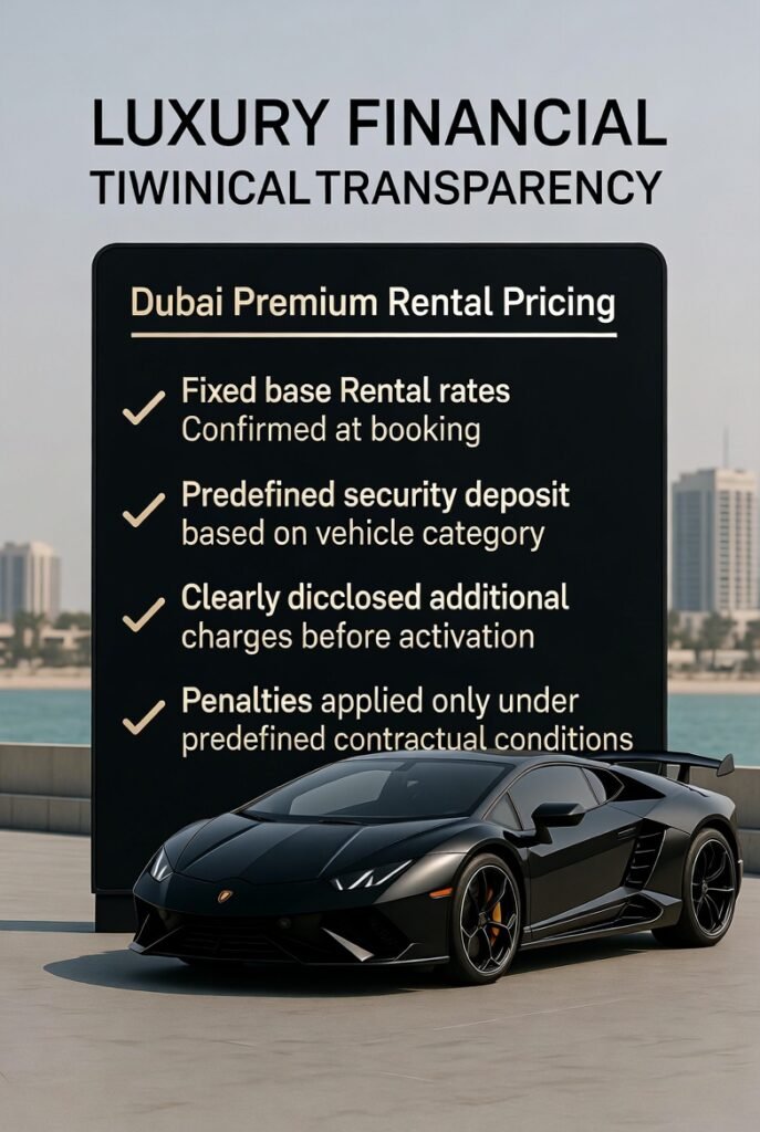 Pricing Structure Within Lamborghini Rental Terms Explained Lamborghini rental terms explained showing transparent pricing structure, fixed rental rates, security deposit rules, and predefined penalties in Dubai