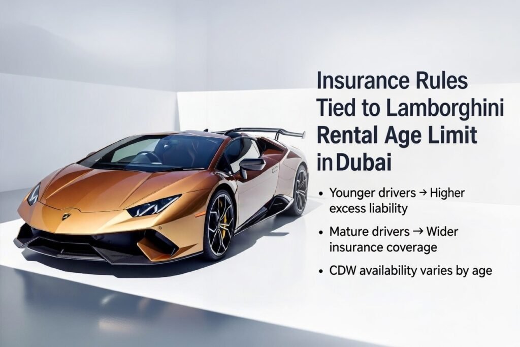 Insurance rules tied to Lamborghini rental age limit in Dubai showing age-based coverage conditions
