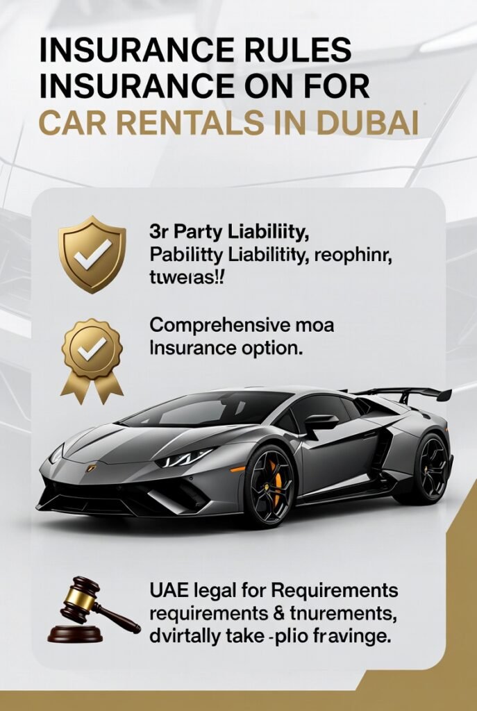 Insurance rules for Lamborghini rental in Dubai showing mandatory third-party liability and basic comprehensive insurance under UAE motor law in 2026.