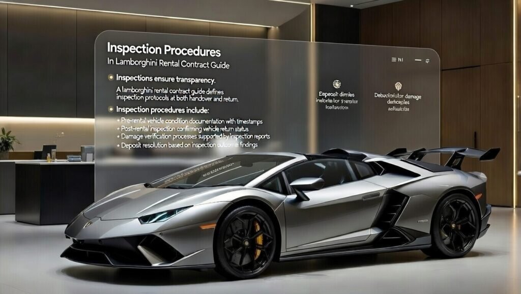 Security deposit terms in Lamborghini rental contract guide showing deposit amounts, holding duration, deduction conditions, and refund timelines