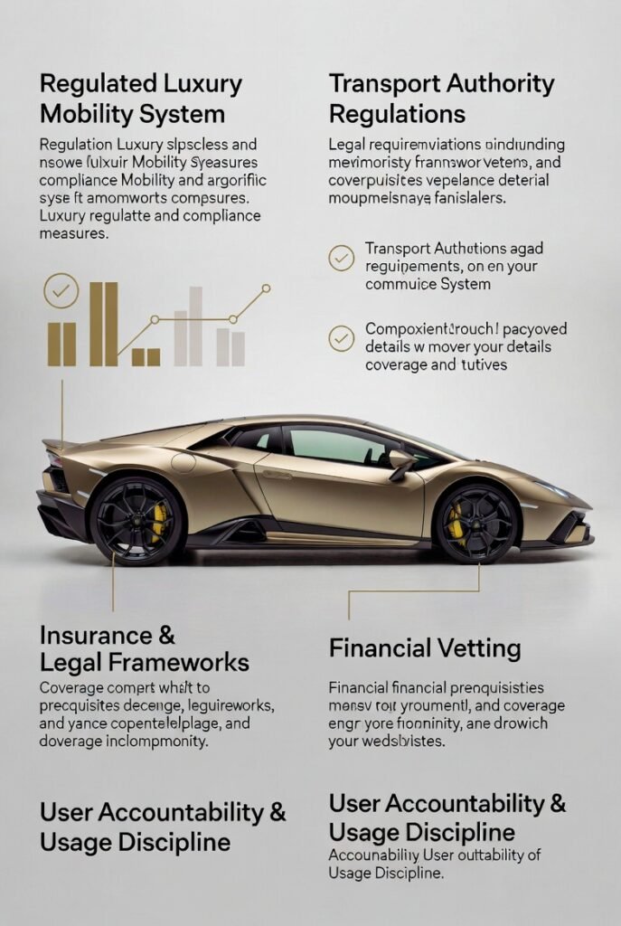 Dubai Lamborghini rental ecosystem 2026 explaining regulated luxury mobility system, legal compliance, insurance frameworks, financial vetting, and user accountability with a Lamborghini on white background