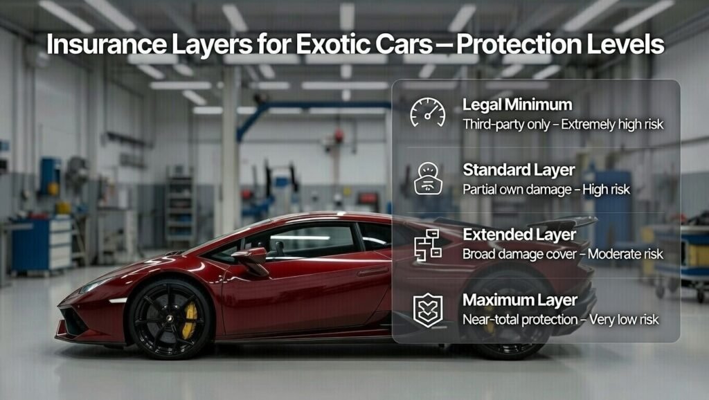 User guide image showing layered insurance levels for Lamborghini rentals with coverage focus and renter financial risk in Dubai 2026