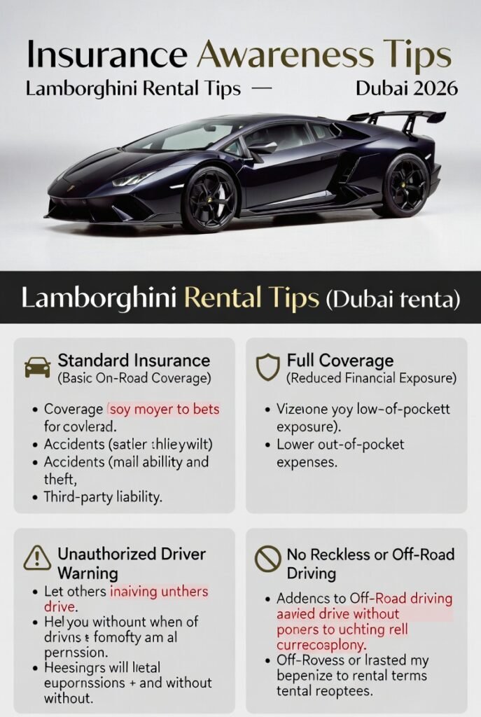 Lamborghini rental insurance awareness tips Dubai 2026 explaining standard coverage limits, full coverage benefits, unauthorized driver risks, and insurance invalidation rules on white background