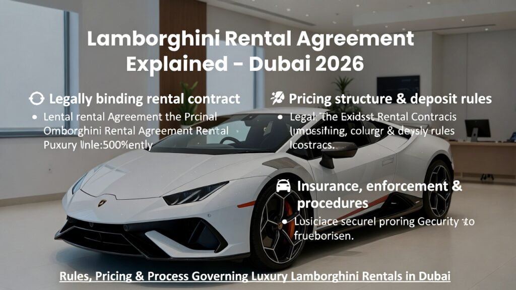 Lamborghini Rental Agreement Explained Guide Dubai 2026 is a complete legal and operational breakdown of how luxury supercar rental contracts function in Dubai. It explains renter obligations, pricing logic, enforcement mechanisms, and compliance rules that govern Lamborghini rentals under Dubai’s premium rental framework.