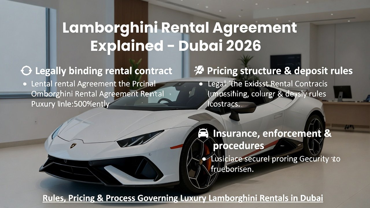 Lamborghini Rental Agreement Explained Guide Dubai 2026 is a complete legal and operational breakdown of how luxury supercar rental contracts function in Dubai. It explains renter obligations, pricing logic, enforcement mechanisms, and compliance rules that govern Lamborghini rentals under Dubai’s premium rental framework.