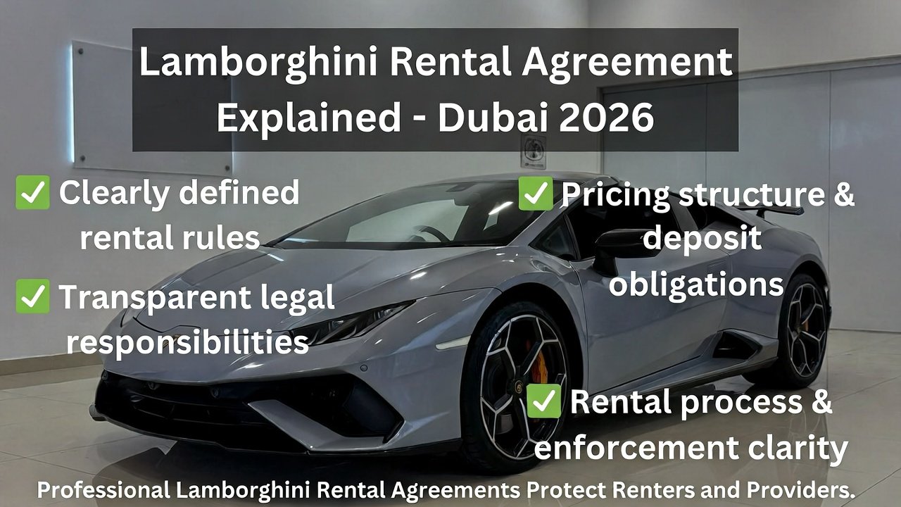 Lamborghini Rental Agreement Explained.Lamborghini Rental Agreement Explained guide Dubai 2026 highlighting rules, pricing responsibilities, and rental process transparency in Dubai’s luxury car rental market.