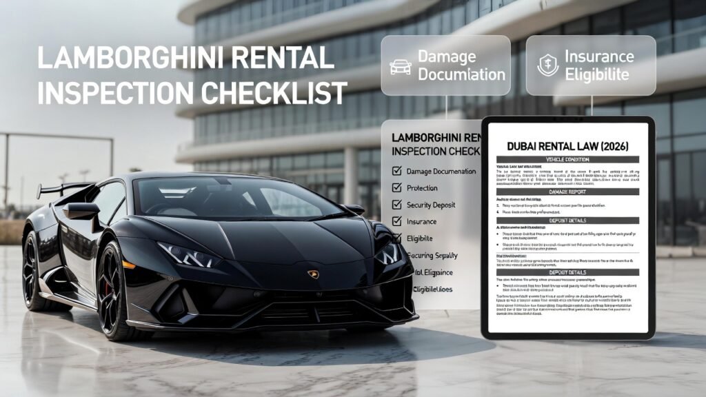 Lamborghini supercar inspection documentation in Dubai showing digital checklist records used for damage responsibility, deposit handling, and legal compliance in 2026.