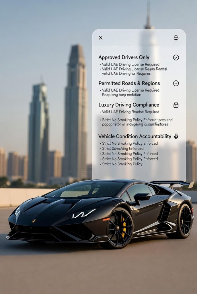 Lamborghini rental terms explained showing legal rules for approved drivers, permitted regions, driving compliance, and vehicle condition protection in Dubai