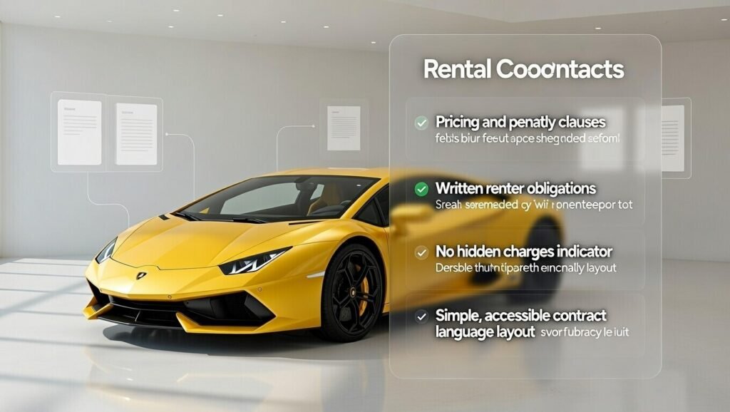Transparency standards in Lamborghini rental contract guide showing a yellow Lamborghini with clearly disclosed pricing, renter obligations, and no hidden charges