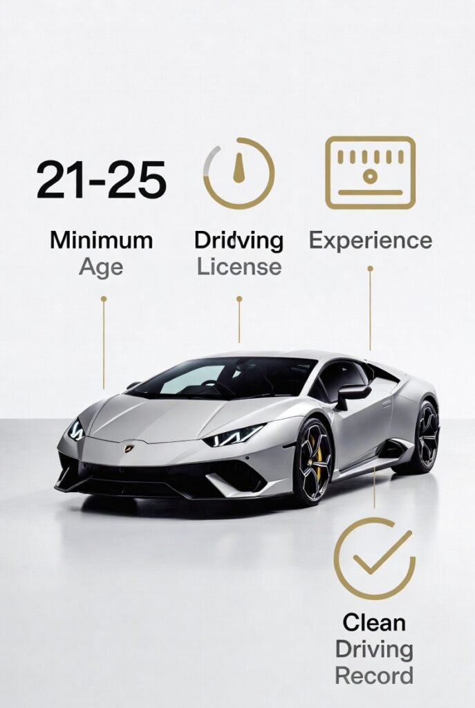 Lamborghini rental age and driving eligibility criteria in Dubai showing minimum age range, driving experience importance, and clean driving record requirement for 2026.