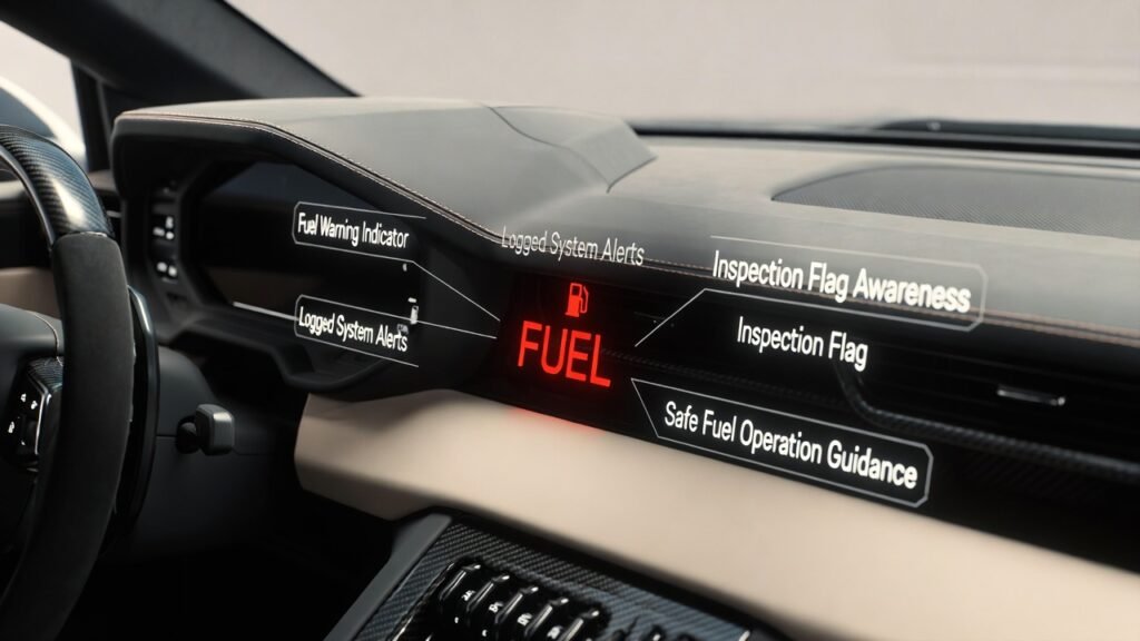 Lamborghini Rental Fuel Policy – Fuel Warning Light Interpretation (Dubai 2026) Lamborghini supercar dashboard showing fuel warning light and system indicators, representing rental fuel policy interpretation and inspection checks in Dubai.