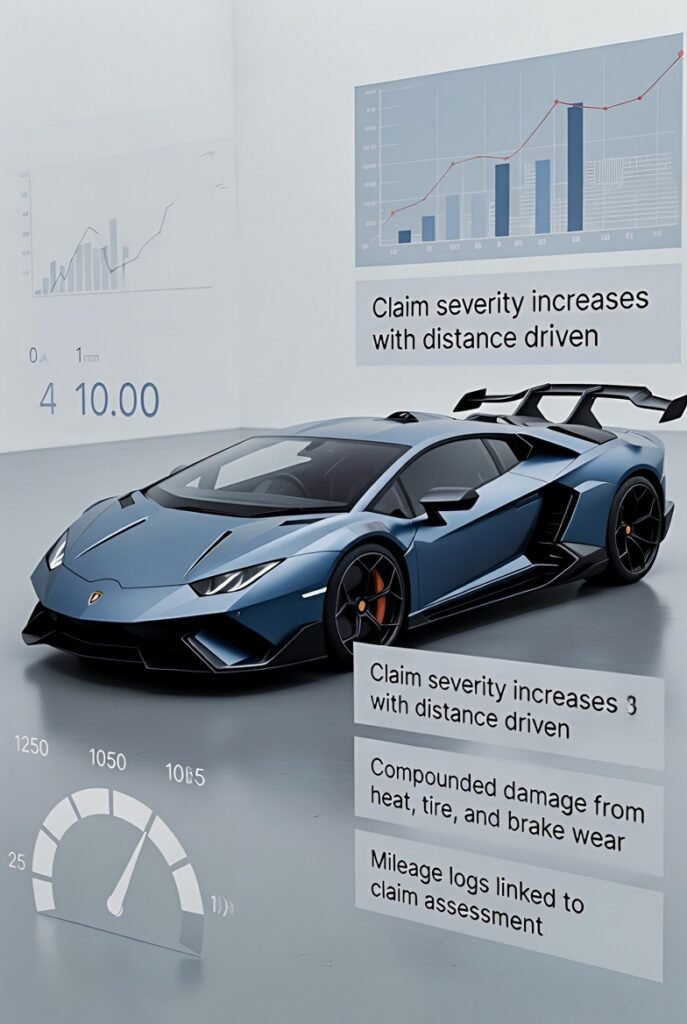 Lamborghini rental mileage limits exist because insurance claim severity increases disproportionately with distance driven. Statistical insurance data shows that incidents occurring after extended mileage often involve compounded mechanical stress, rather than isolated impact damage.

Thermal buildup, tire compound fatigue, and brake wear combine to expand the scope of repairs—even when the triggering event appears minor.