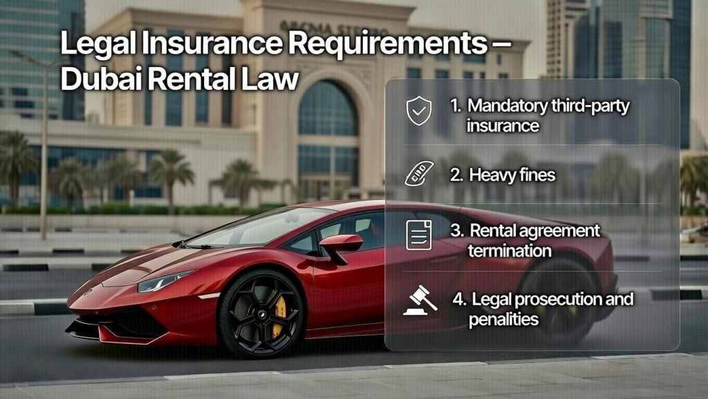 User guide image showing legal insurance requirements for Lamborghini rentals in Dubai including mandatory third-party coverage and penalties in 2026