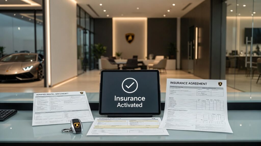 Insurance activation based on verified documentation for Lamborghini rental requirements in Dubai 2026