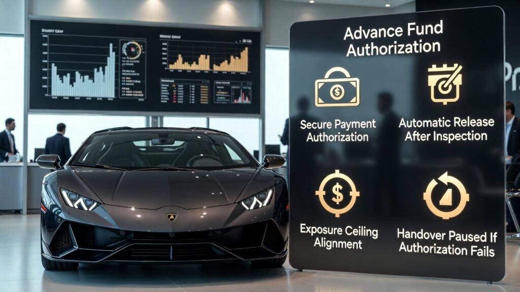 Lamborghini rental agreement explained showing financial safeguard mechanisms including advance authorization, exposure limits, and automatic release after inspection in Dubai