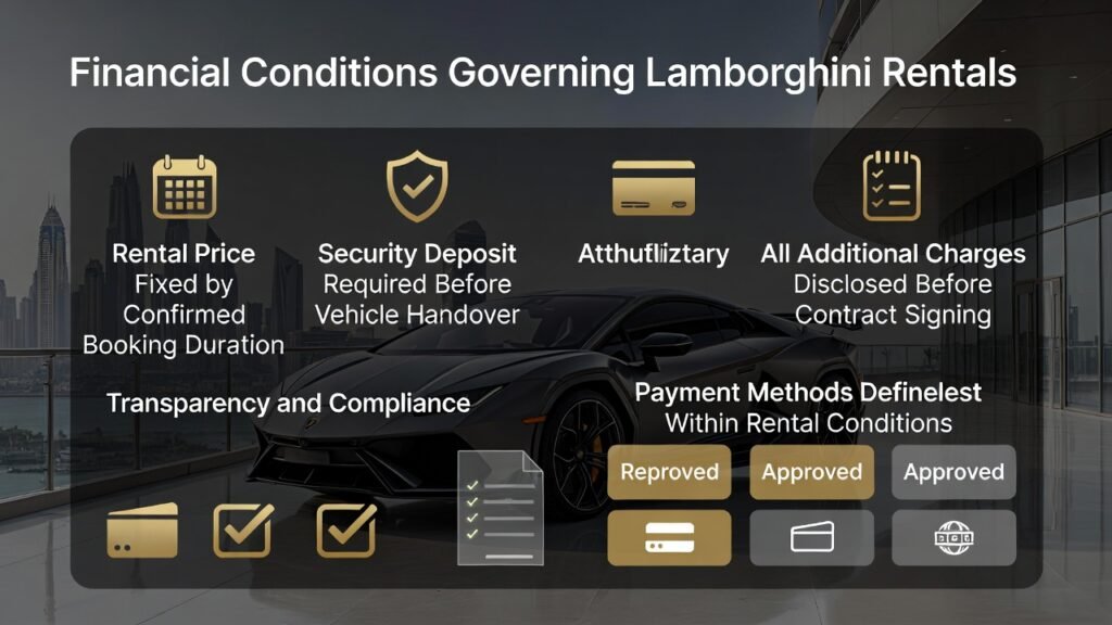 Financial Conditions Governing Lamborghini Rental Conditions Dubai financial conditions governing lamborghini rental conditions Dubai including fixed pricing security deposit and payment rules