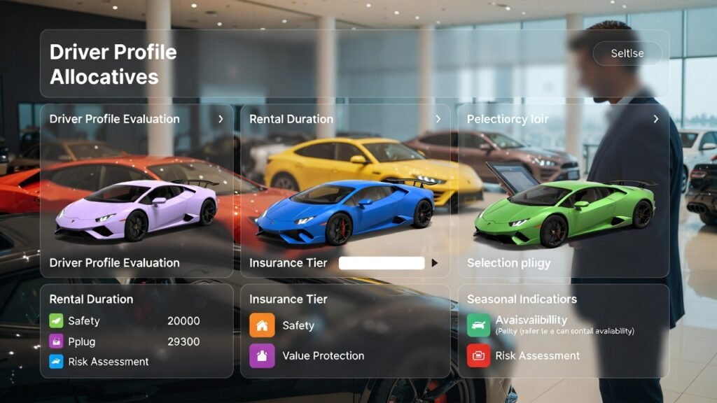 Lamborghini model allocation process in the UAE based on driver profile, rental duration, insurance level, and vehicle availability.