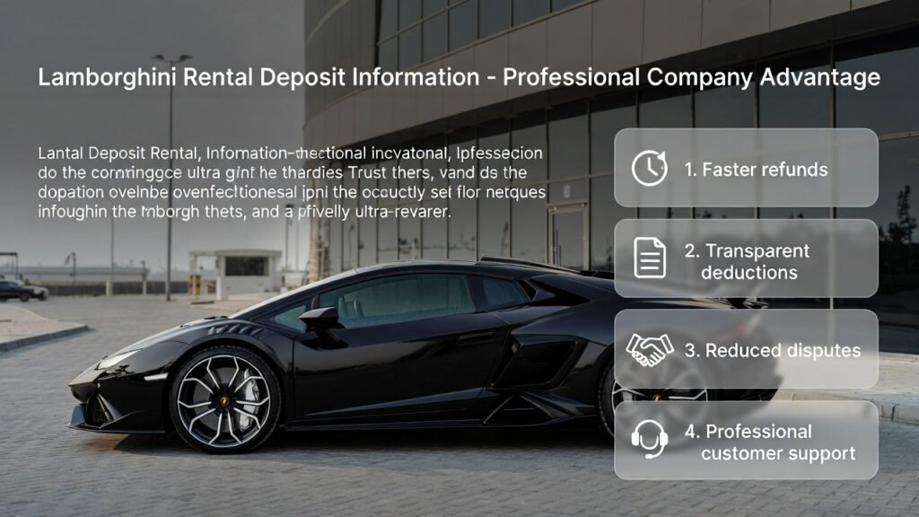 User guide image showing lamborghini rental deposit information benefits with professional companies including faster refunds, transparent deductions, reduced disputes, and customer support in Dubai 2026
