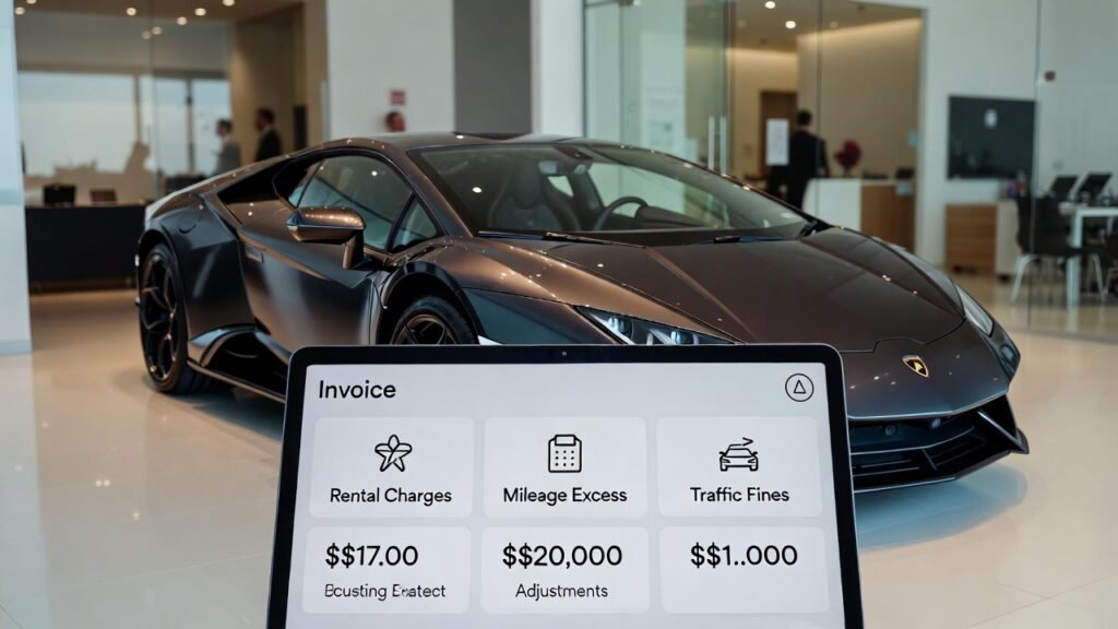 Transparent Lamborghini hire billing in the UAE showing itemized charges for rental fees, mileage excess, traffic fines, and adjustments.
