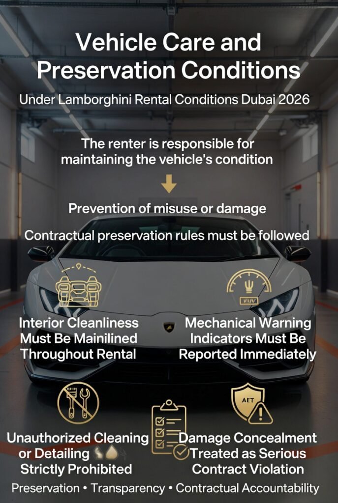 Vehicle Care and Preservation Conditions Under Lamborghini Rental Conditions Dubai vehicle care requirements under lamborghini rental conditions Dubai including cleanliness warning reporting and damage rules