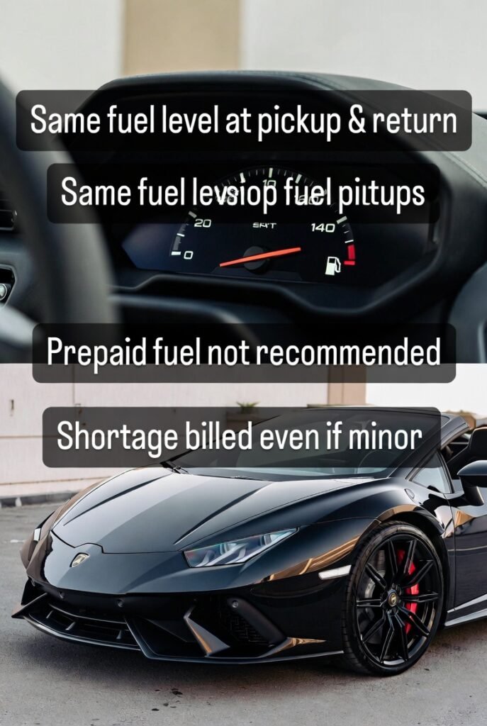 Lamborghini Rental Fuel Policy for Short-Term Rentals – Dubai 2026 Lamborghini supercar prepared for short-term rental in Dubai with fuel gauge highlighting same-to-same fuel return policy and strict billing for shortages.