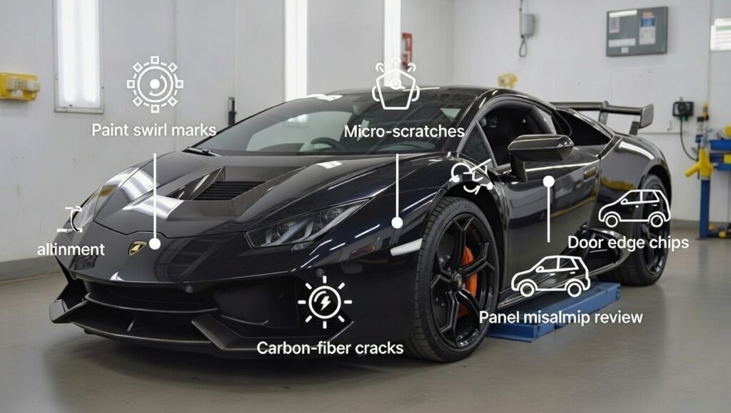 Lamborghini supercar exterior inspection in Dubai highlighting paint condition, carbon-fiber panels, door edges, and body alignment as part of the rental inspection checklist.