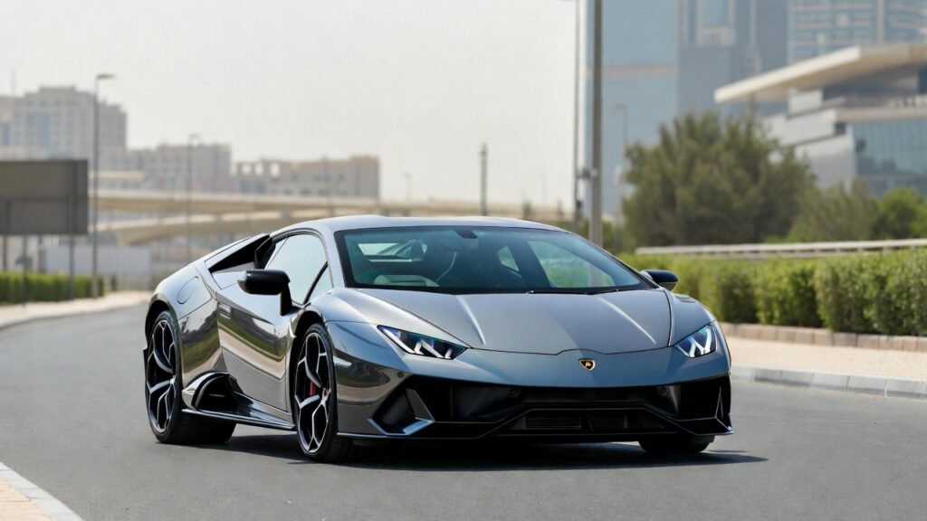 Lamborghini rental guide Dubai 2026 showing a luxury Lamborghini on a Dubai road representing rules, pricing, and rental process.