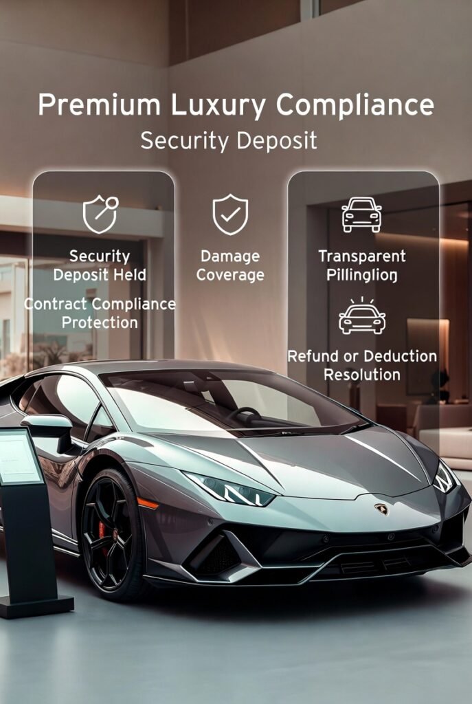 Lamborghini rental terms explained showing security deposit conditions covering damage protection, contract compliance, and transparent refund resolution in Dubai