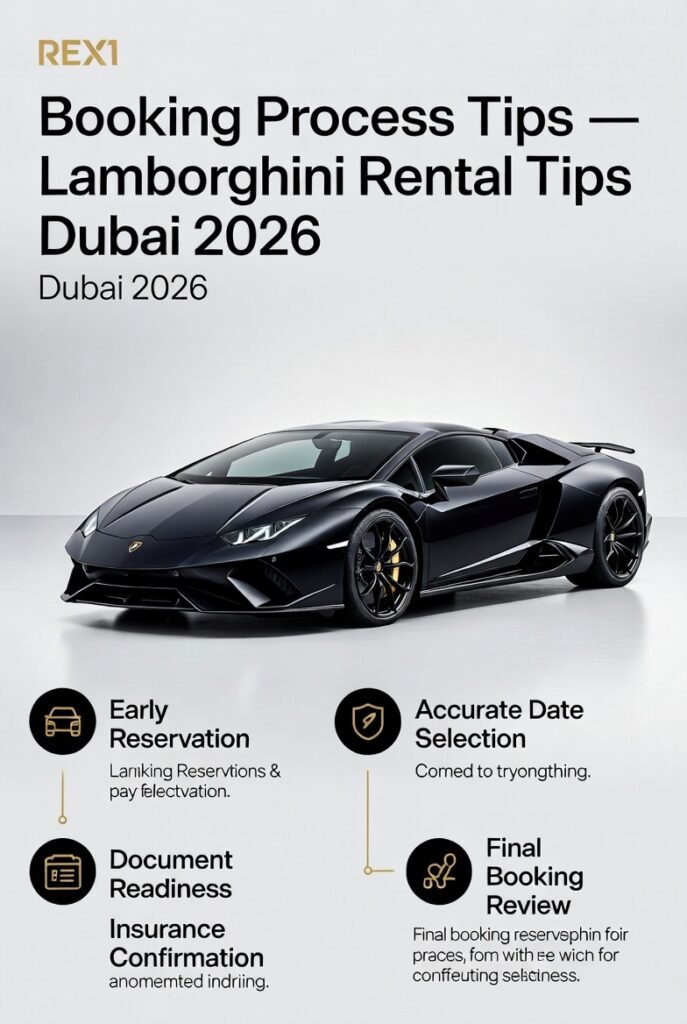 Lamborghini rental booking process tips Dubai 2026 showing step by step reservation guidance for renting a Lamborghini with white background car view