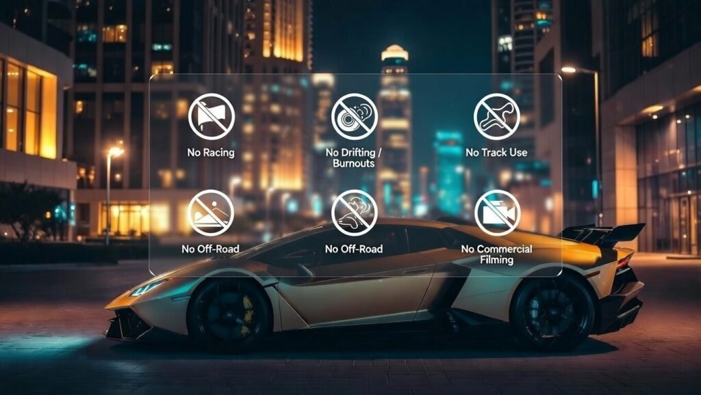 Lamborghini rental security rules Dubai 2026 showing vehicle usage restrictions including no racing, no drifting or burnouts, no track driving, no off-road use, and no commercial filming for compliant Lamborghini rentals